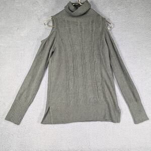 Pink Rose Sweater Womens Size Small Green Cold Shoulder Cable Knit Sweater